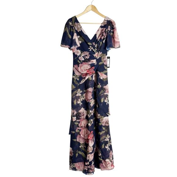 Xscape Surplice Tiered Navy Floral Print Chiffon Flutter Sleeve Evening Gown 4 - Picture 2 of 11